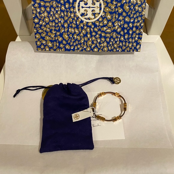 Tory Burch Serif T Stackable Croc Embossed Bracelet Brown  Leather S/M - Picture 1 of 4